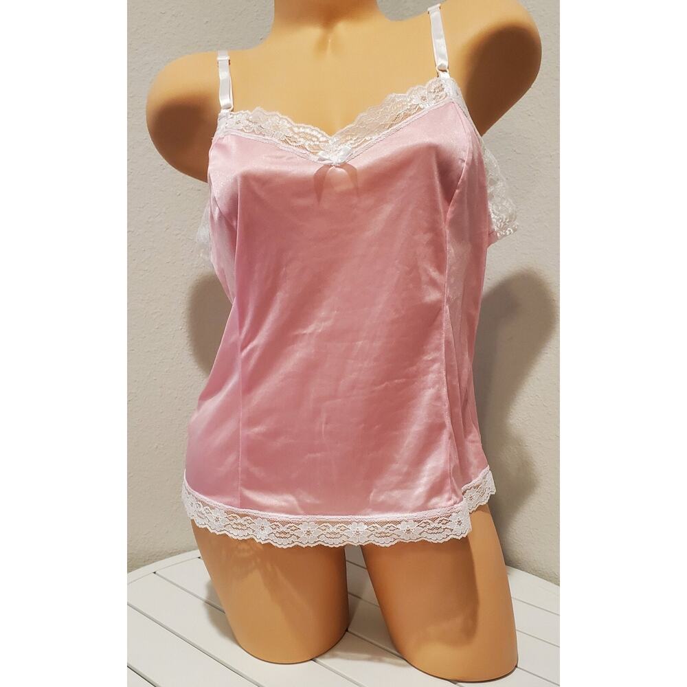 Blair Vintage Silky Nylon Camisole Lace Trim Adjustable Straps Princess Pink M - Picture 2 of 4